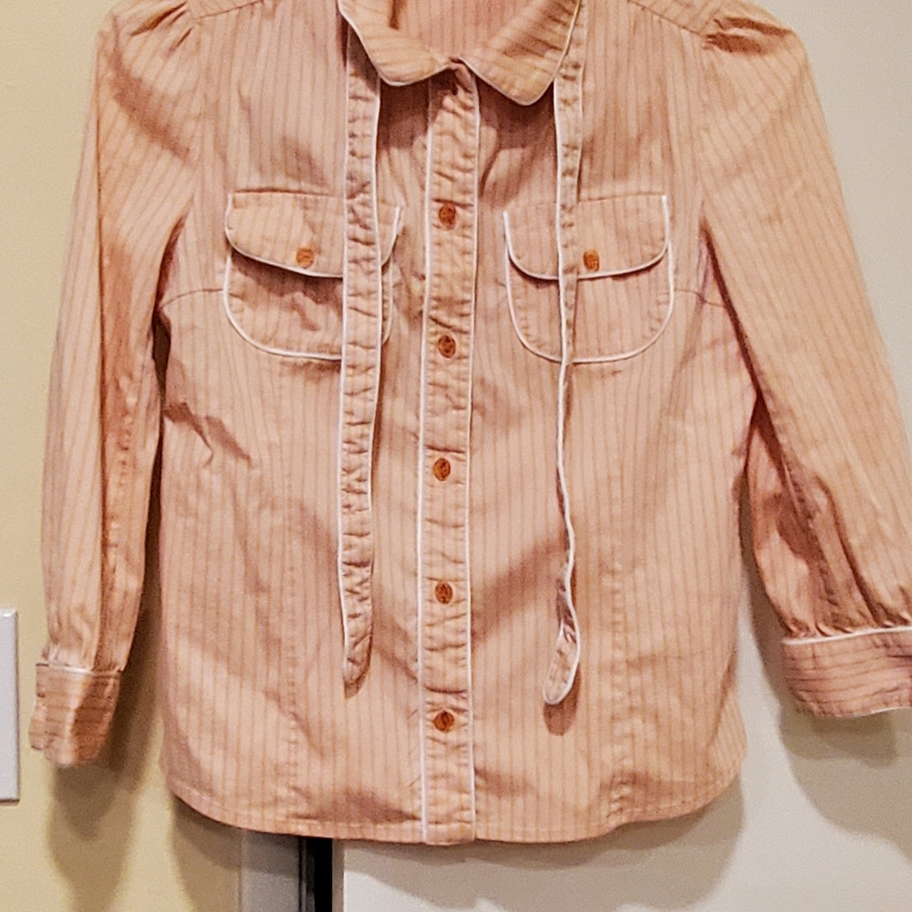 Apricot color striped 3/4 sleeve blouse with tie